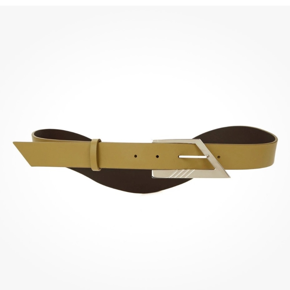 The Attico Asymmetrical logo leather Olive Belt with Silver Buckle.